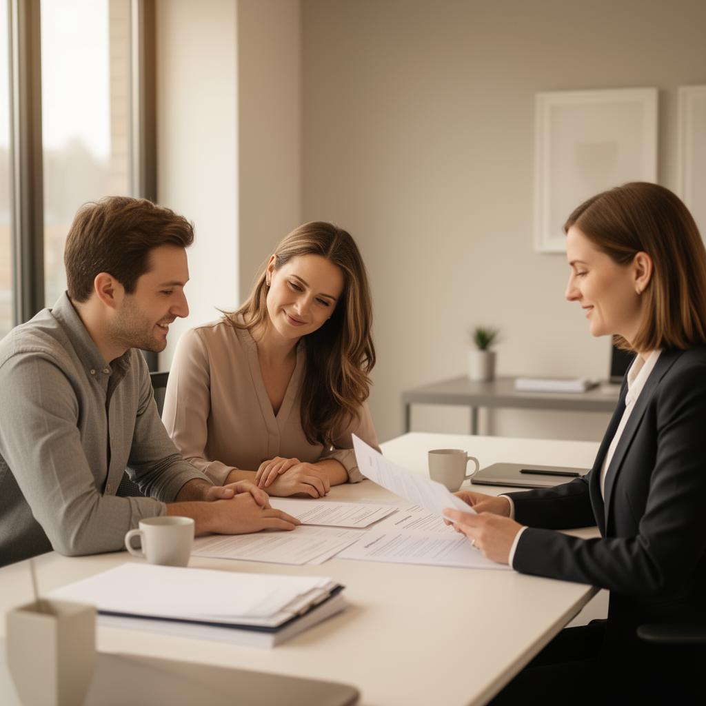 Koppel bespreekt scheidingsdocumenten met advocaat in modern kantoor